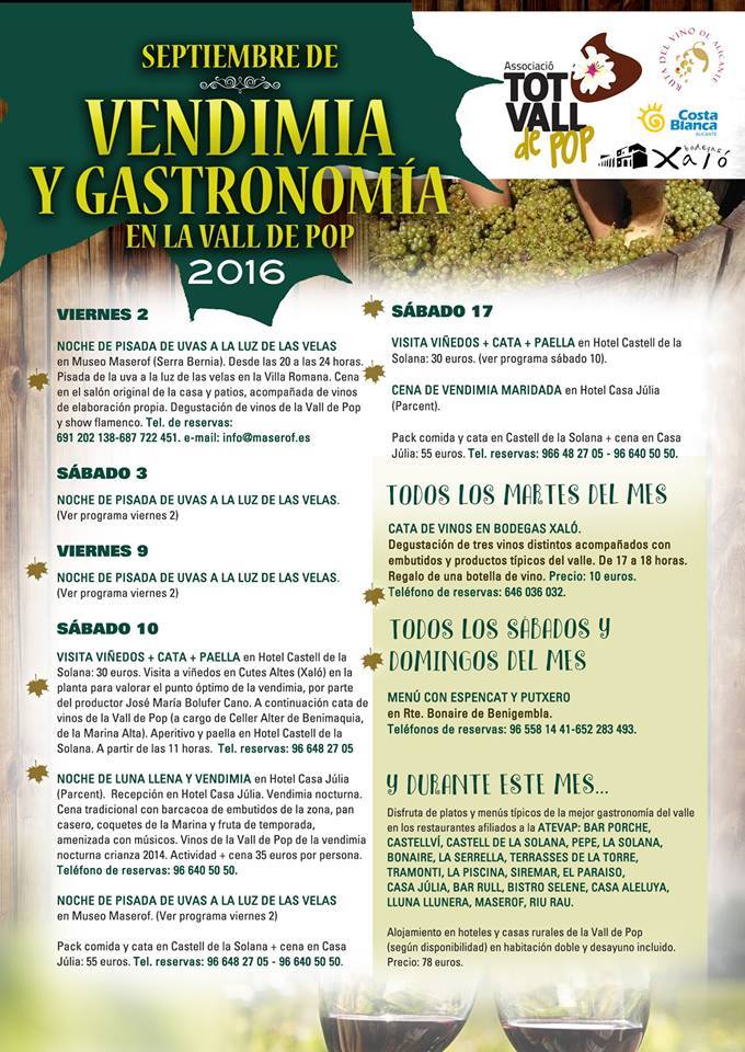 Programa Septiembre de vendimia y gastronomía en la Vall de Pop – Alcalalí Turismo